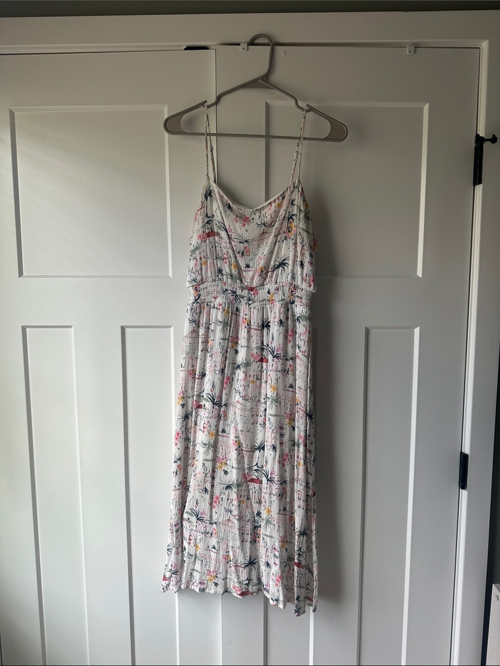 Blue Rain White Tropical Print Spaghetti Strap Dress